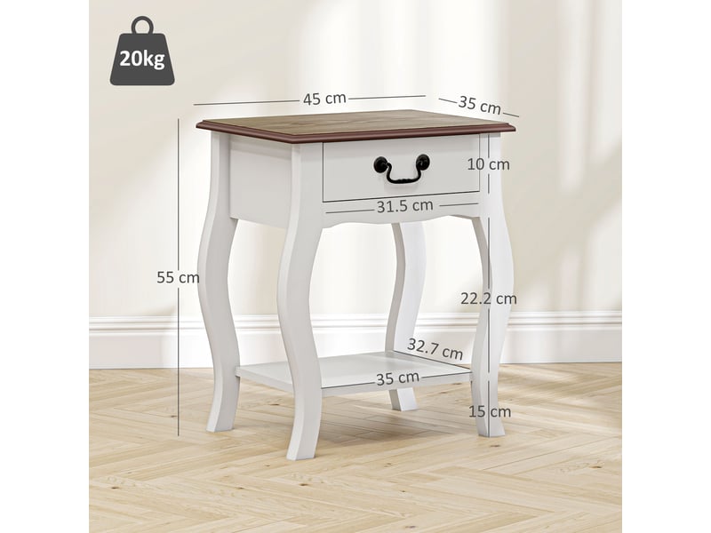  Table de chevet en bois de style français avec tiroir et étagère ouverte, 45 x 35 x 55 cm, blanc et chêne  - Conforama E