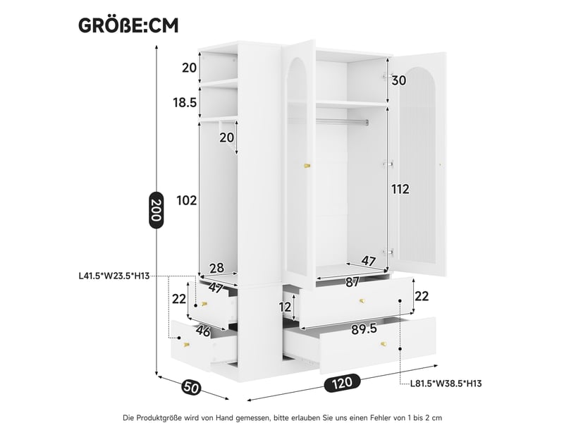  Armoire 120x50x200 cm blanche avec 2 portes vitrées, 4 tiroirs et 2 penderies  - Conforama C