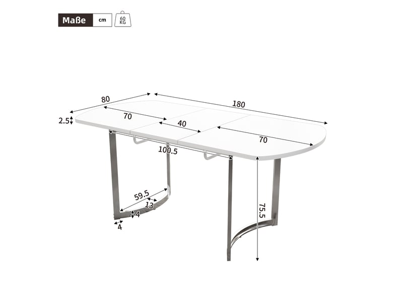  Table à manger extensible 140180 x 80 x 75 cm, 4 à 6 personnes, mdf blanc et pieds métal argentés Fay Lum - Conforama C