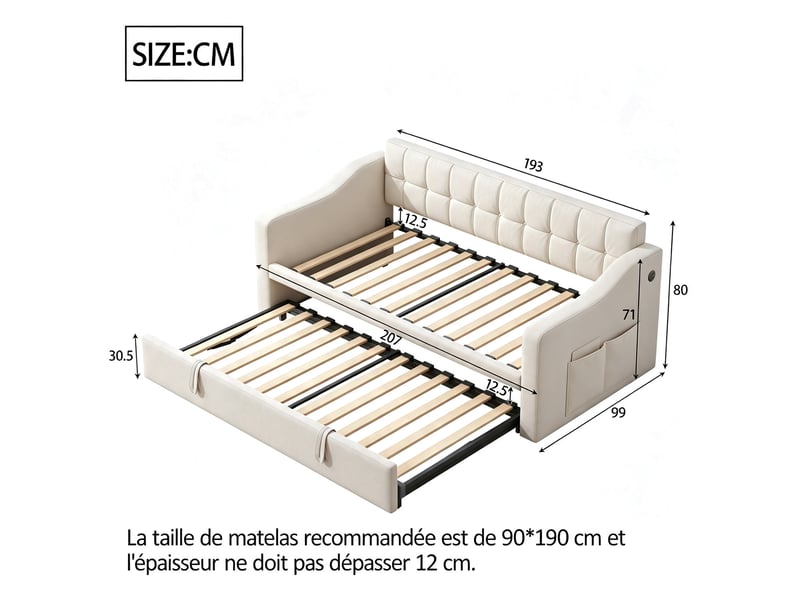  Lit gigogne 90x190 cm en velours beige avec ports usb et poches de rangement, extensible, sans matelas  - Conforama C