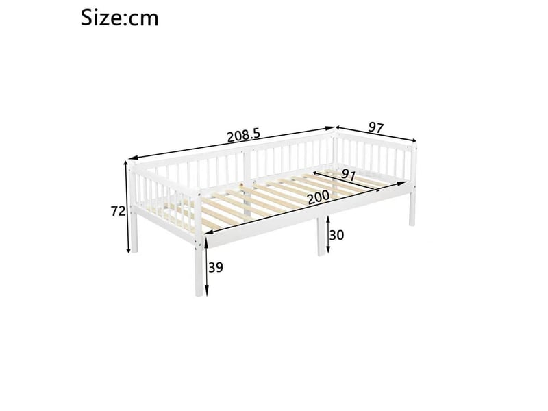  Lit banquette enfant 90x200 cm en bois de pin blanc avec barrières 3 côtés  - Conforama C