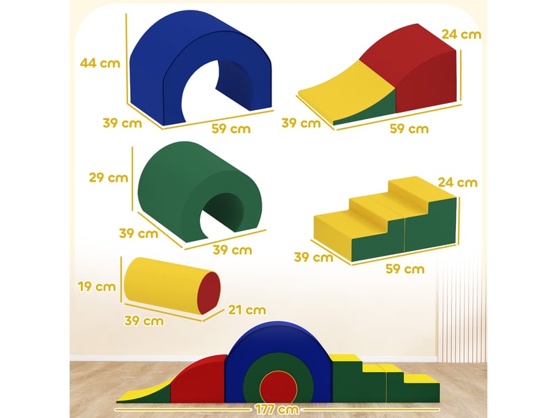  Parcours motricité enfants jouets d'escalade modulable 5 briques géantes en mousse 181 x 39 x 44 cm multicolore  - Conforama C