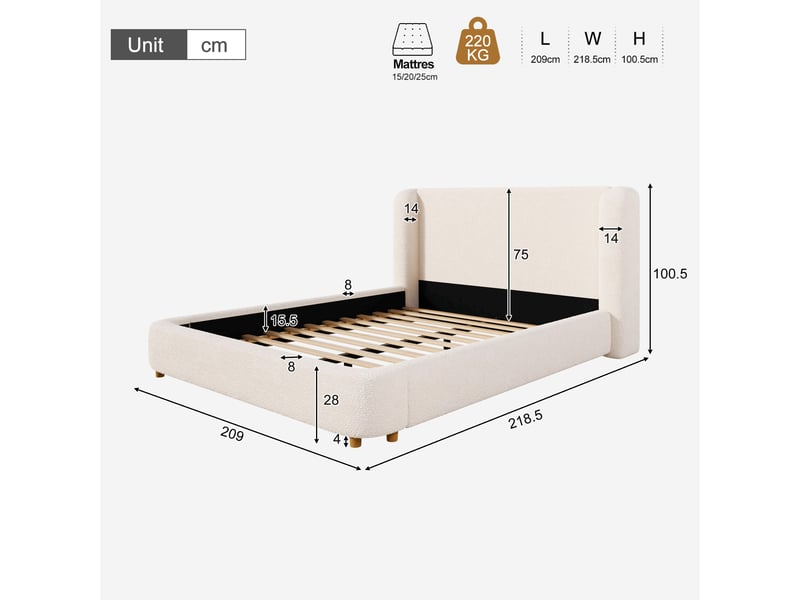  Lit double bouclé beige avec tête de lit enveloppante 180 x 200 cm Fay Lum - Conforama C