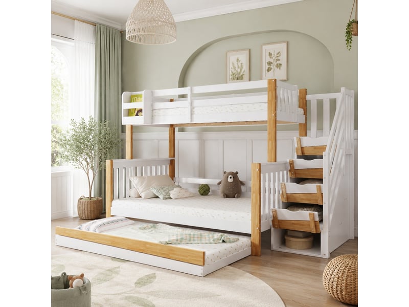  Lit superposé enfant 200×90 cm et 200×120 cm avec lit gigogne 190×90 cm, escalier à 4 placards, sans matelas  - Conforama B