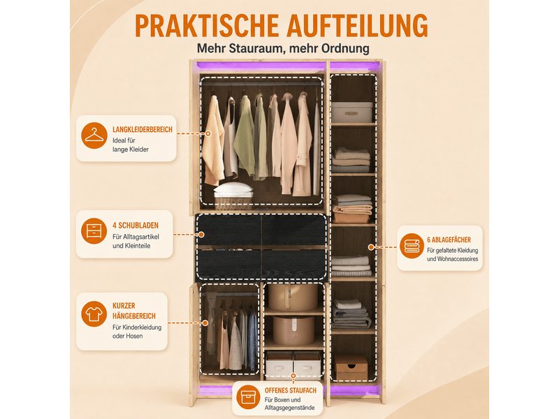  Armoire de chambre avec miroir et éclairage led - 110x47x200 cm - 4 tiroirs 2 tringles  - Conforama E