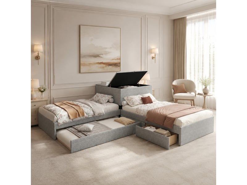  Lit enfant d’angle 90x200 cm en lin gris avec lit gigogne et rangements  - Conforama B