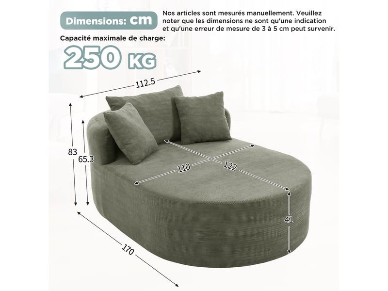 Canapé relax ovale compressé 1 place, 170x112,5x83 cm, fauteuil lounge à assise extra profonde 122 cm, sans montage, velours côtelé - vert - Conforama C