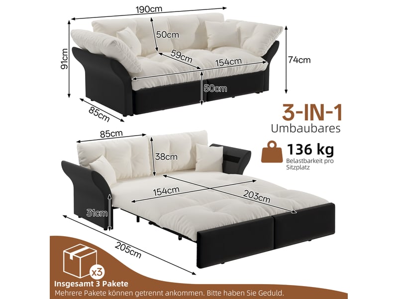  Canapé-lit convertible 3-en-1 2 places en velours beige et blanc 190x85x91 cm  - Conforama C