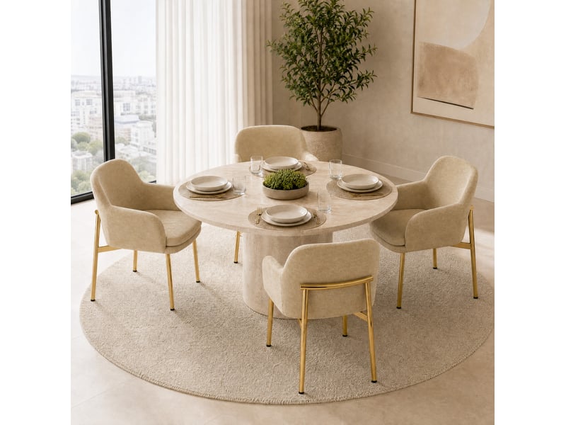  Lot de 4 chaises de salle à manger 61x59x78,5 cm, accoudoirs, patins réglables, tissu polyester métal, marron et doré  - Conforama B