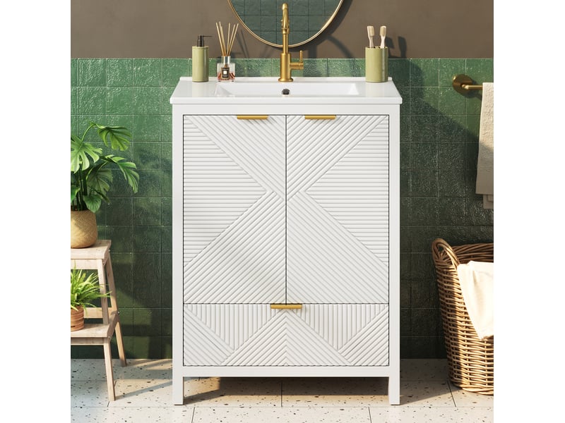  Meuble sous lavabo 61 x 47 x 87 cm blanc mdf et céramique, 2 portes, tiroir, vasque incluse sur pied  - Conforama B