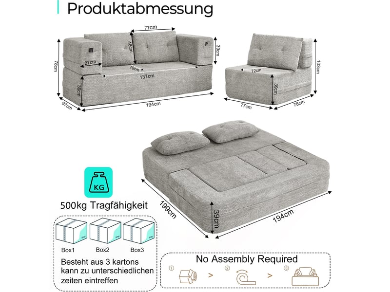  Canapé modulable 3 places convertible 199x194x39 cm en tissu gris clair  - Conforama C
