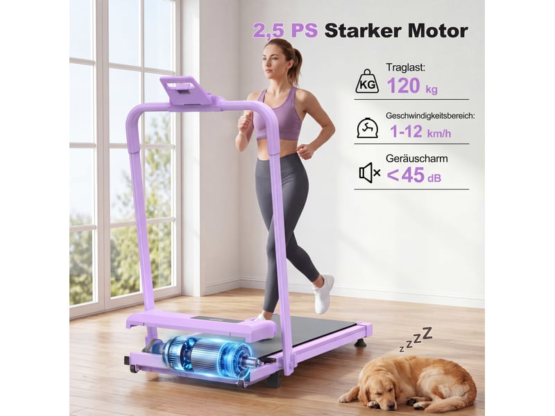  Tapis de course pliable 3 en 1 violet avec inclinaison réglable à 10 %, vitesse maximale 12 kmh, charge 120 kg  - Conforama C