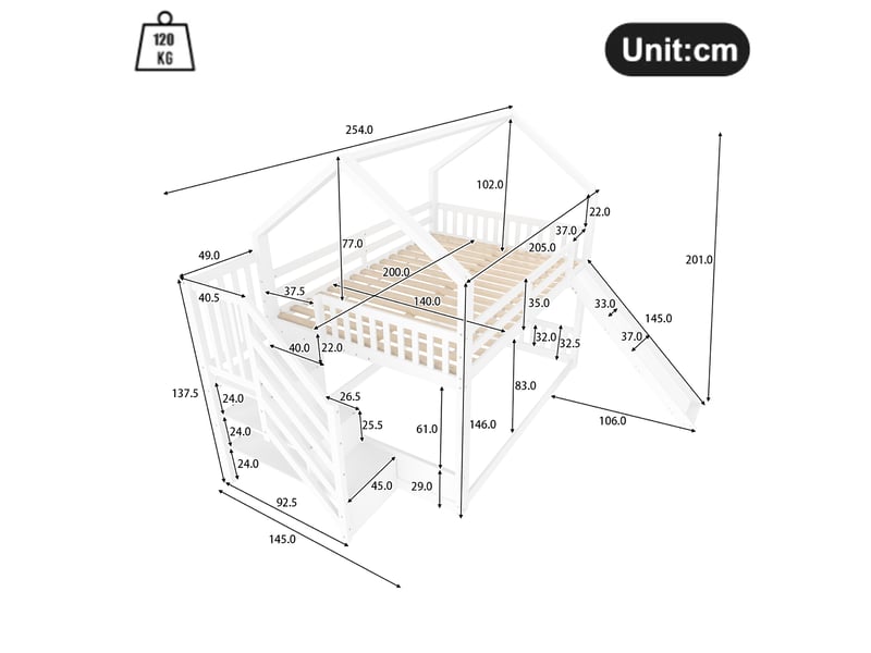 Lit superposé cabane 140x200 cm blanc avec escalier de rangement et toboggan - Conforama C