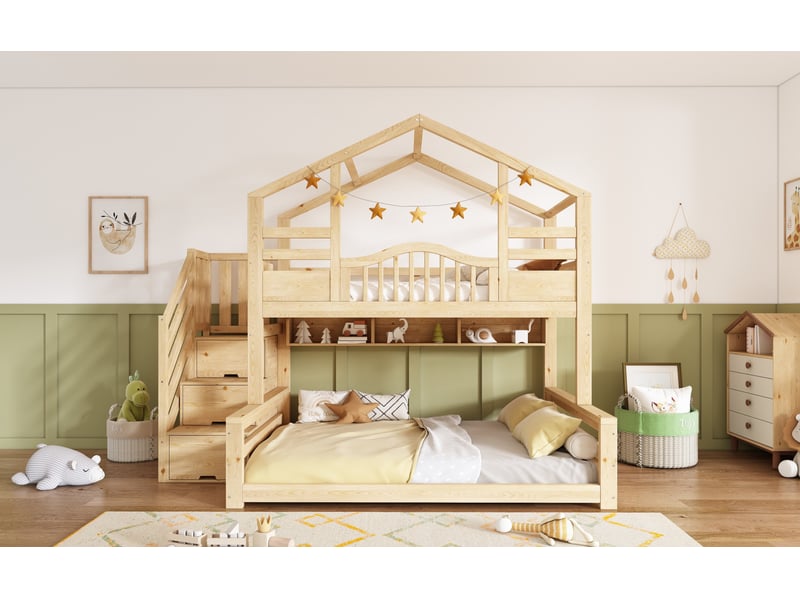 Lit superposé 90x200cm+140x200cm design moderne avec escalier armoire rangements pin couleur bois clair sans matelas - Conforama B