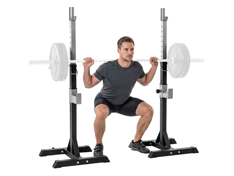  Ensemble de 2 supports pour haltères en acier, 2 crochets à hauteur réglable, capacité de charge 150 kg, 55 x 57 x 105-170 cm, noir  - Conforama A