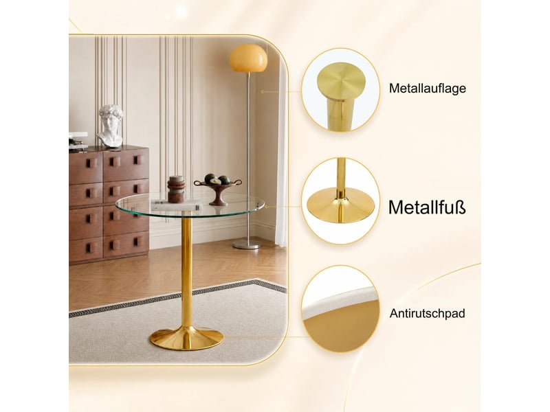 Table haute ronde avec plateau en verre trempé 89 cm - lpospi - pied central stable en métal transparent et doré - Conforama E