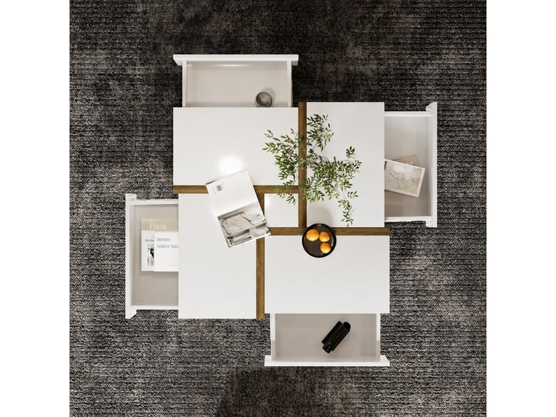  Table basse carrée blanche brillante et effet bois avec 4 tiroirs, 78 x 78 x 34,8 cm  - Conforama E