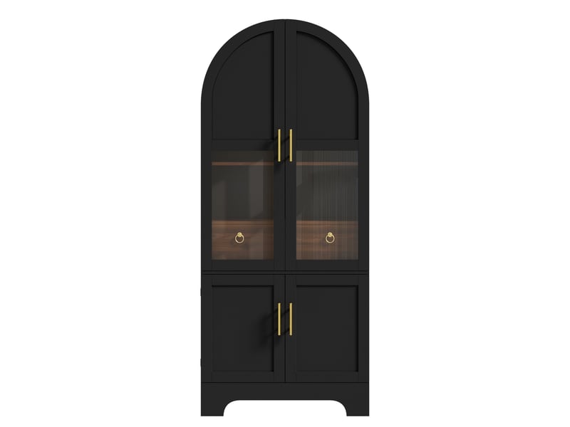  Vitrine à grande forme cintrée, 76 x 40 x 180 cm, avec éclairage led, 4 portes et 1 tiroir, façade vitrée, coloris noir  - Conforama A