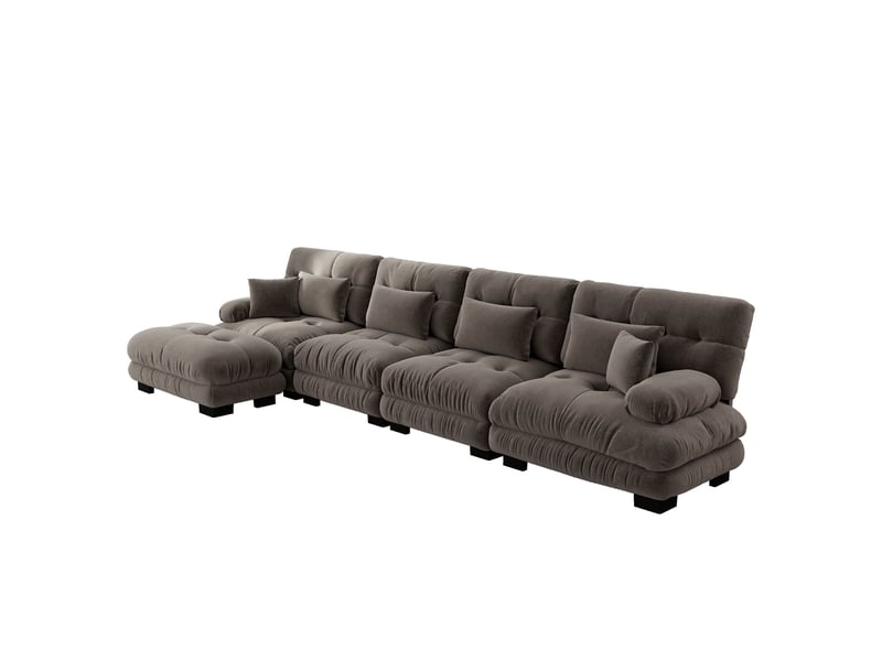  Canapé d'angle modulaire avec ottoman mobile, assise profonde et coussins, en chenille, marron  - Conforama A
