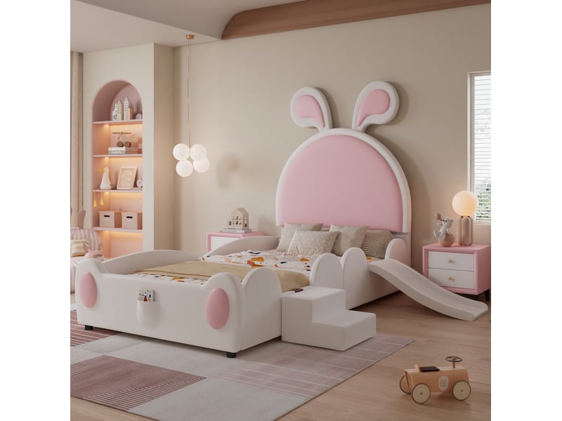  Lit enfant 90x200 cm avec toboggan, escalier et tête de lit oreilles de lapin rose  - Conforama E