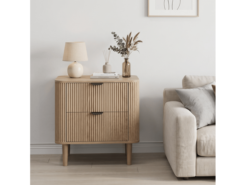  Table de nuit 57 x 40 x 57 cm chêne naturel en mdf, 2 tiroirs à rainures et bords arrondis pour chambre  - Conforama B