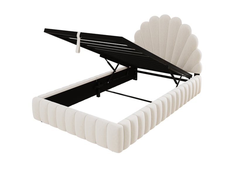 Lit coffre hydraulique 90x200 cm enfant ado rembourré en velours beige avec tête de lit fleur, rangement et sommier à lattes Morn Vibe - Conforama E