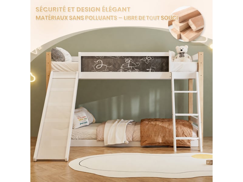 Lit superposé enfant avec toboggan et escalier, bois, barrières, 90 x 200 cm - Conforama D