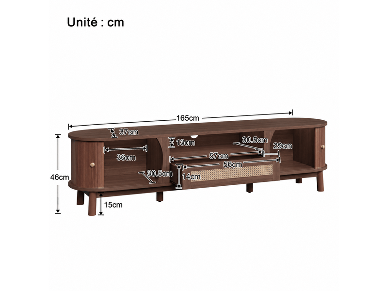  Meuble tv en mdf effet rotin – portes coulissantes et tiroir – noyer foncé – 165 x 37 x 46 cm  - Conforama D