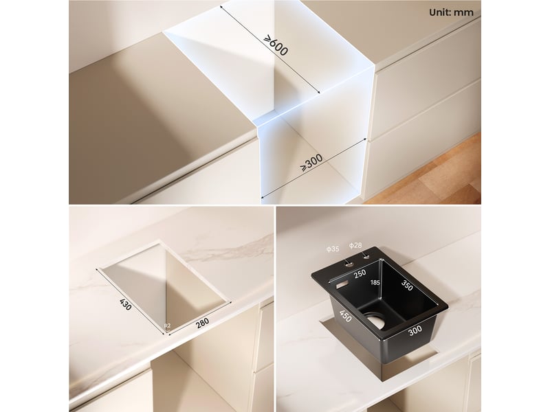  Cecipa max évier en granit 30x45cm - évier de cuisine noir - avec trou de robinet - crépine et siphon inclus  - Conforama E