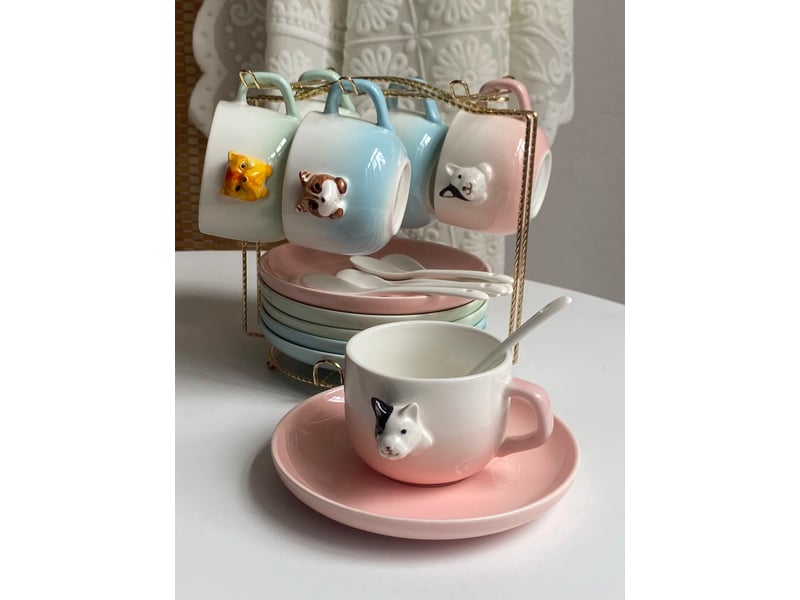  Ensemble tasse, soucoupe et cuillère, bull-terrier rose, céramique, 200 ml  - Conforama E