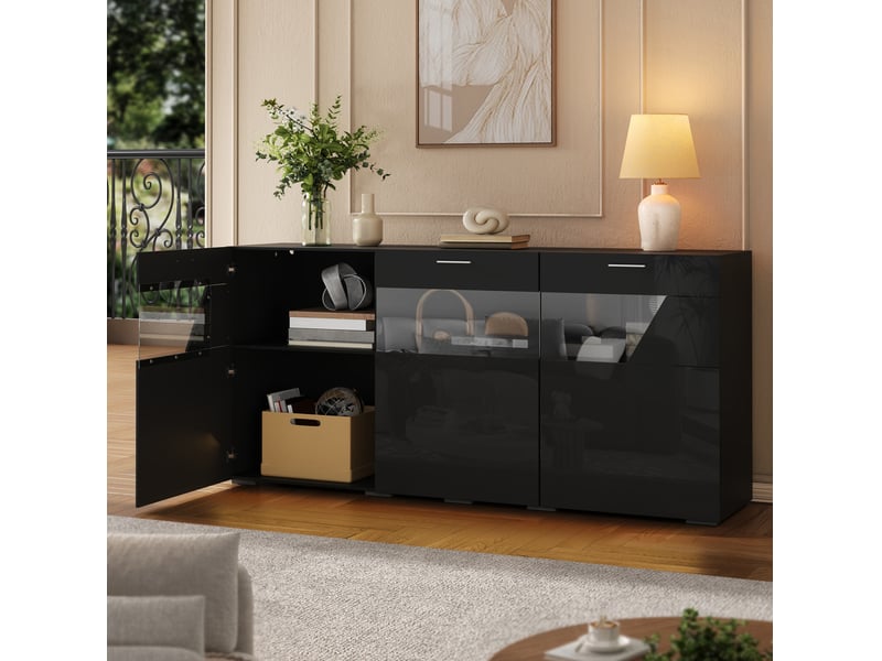  Buffet 160x38x78 cm avec led contrôlable par application, panneaux de particules noir  - Conforama C