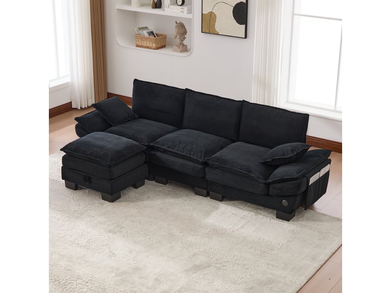 Canapé modulable, canapé 3 places – en velours tricoté, avec pouf, mousse haute densité, port usb, poches latérales, noir - Conforama W