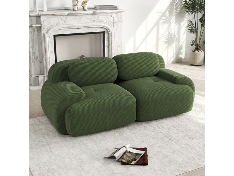 Canapé loveseat modulaire 208x103x70 cm en velours côtelé vert, sans cadre, accoudoirs galbés et base antidérapante. - Conforama B