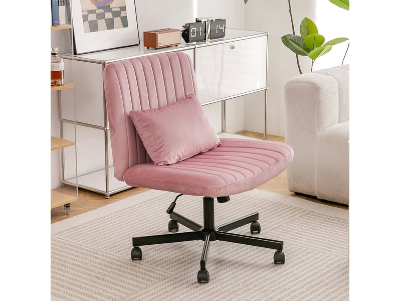  Chaise de bureau pivotante réglable avec dossier inclinable, roulettes silencieuses et coussin en tissu rose clair  - Conforama B