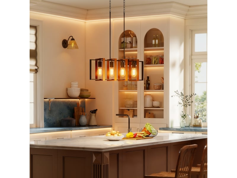  Suspension rustique avec 4 abat-jour rotatifs et chaîne réglable, 80 x 21 x 90-130 cm, noir et marron  - Conforama A