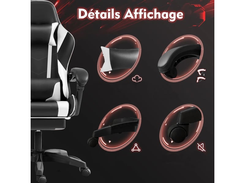 Chaise gaming ergonomique, repose-pieds télescopique Réglable Fauteuil Gaming - Conforama E