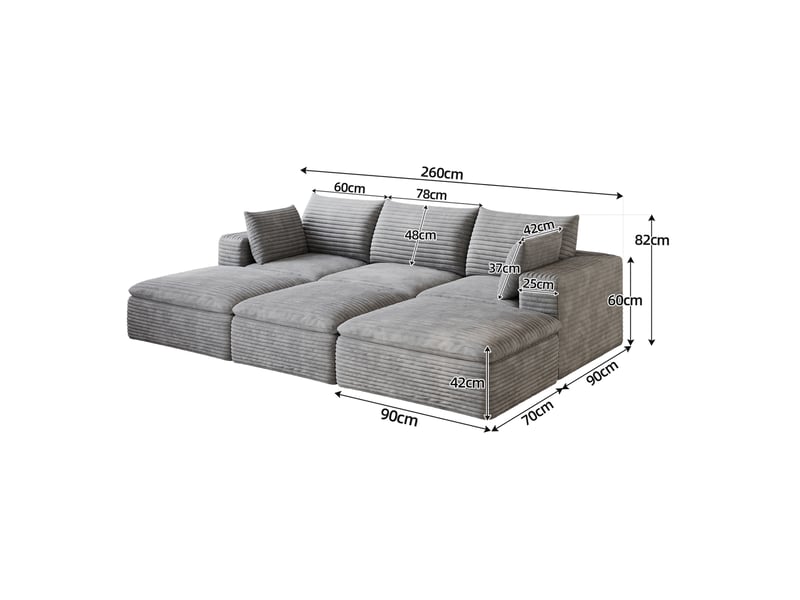 Canapé modulable 6 places en velours côtelé gris, avec coussins déhoussables, sans montage  - Conforama C