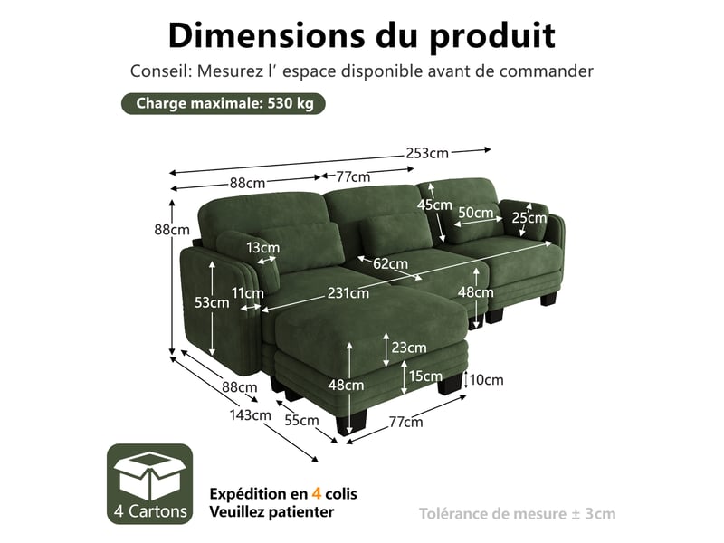  Canapé d’angle modulable 253 cm 3 places avec pouf, coussins d’accoudoir amovibles, coussins lombaires épais à soutien renforcé, chenille, vert  - Conforama D