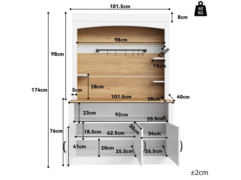  Buffet haut de cuisine 101,5x40x174 cm avec plan de travail, led rgb via application, étagères réglables, 6 crochets, 3 tablettes latérales, blanc  - Conforama D