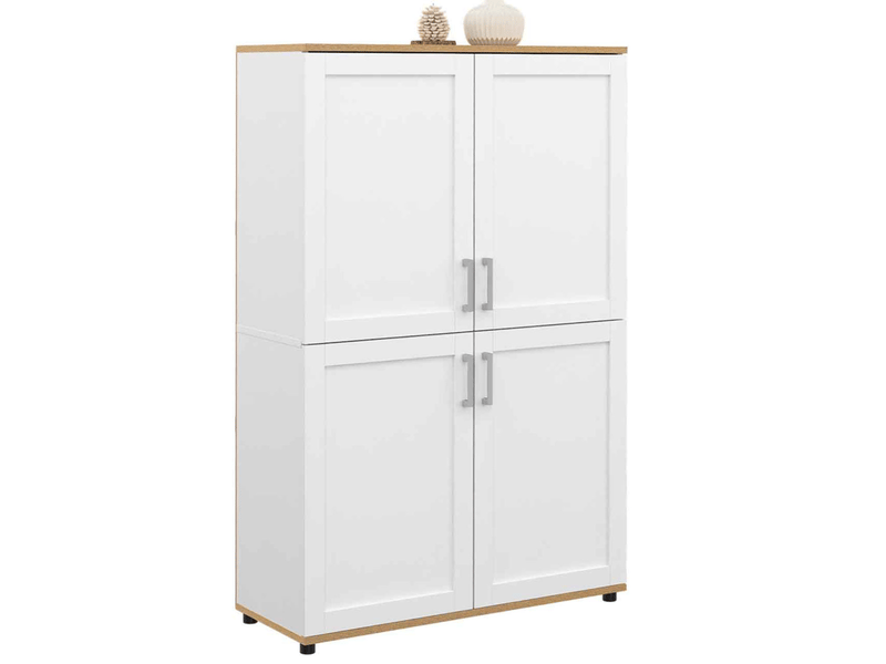 Buffet Haut VITO 4 Portes Blanc Et Bois - 125 Cm | Meuble De Rangement élégant Pour Salon Ou Salle à Manger