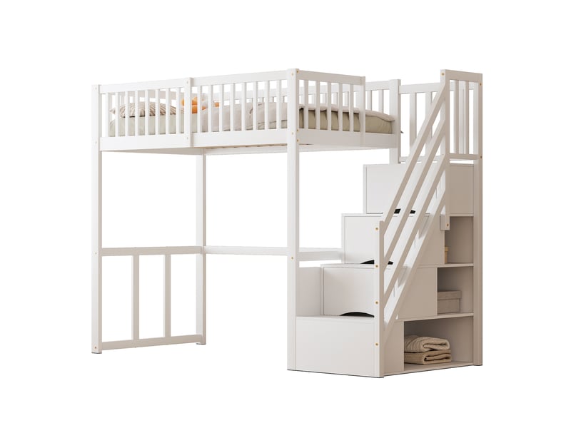  Lit mezzanine 90x200 cm, design moderne, espace de rangement, avec escalier de rangement, bois, blanc, sans matelas  - Conforama A