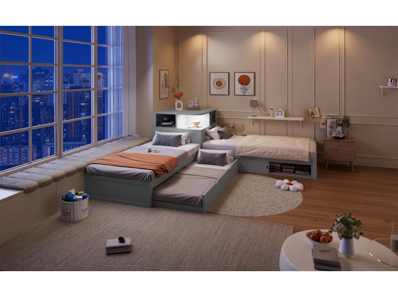  Lit plateforme, lit enfant 90x200 cm, lit gigogne, gris, led  - Conforama W