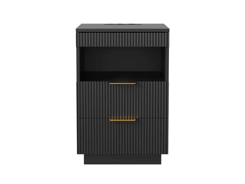  Table de chevet style luxe noir à texture cannelée 60×40×40 cm, 2 tiroirs avec tiroir caché, éclairage led rgb, station de charge prises secteur, usb‑a et usb‑c, compartiment de rangement ouvert  - Conforama W