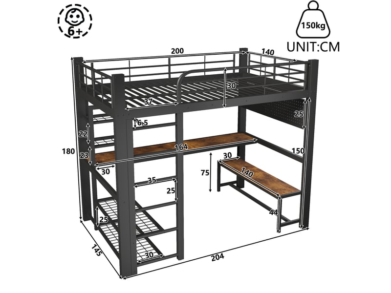  Lit mezzanine 140x200 cm avec bureau, led et rangements coloris noir  - Conforama C