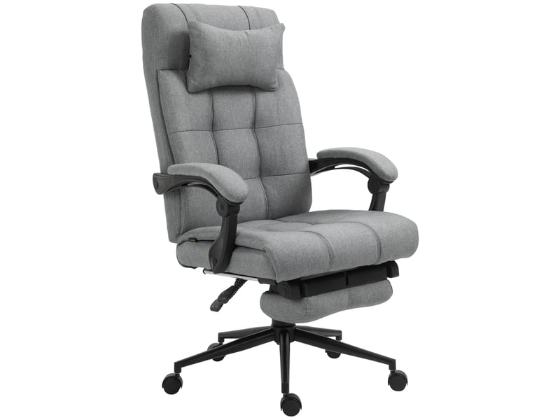  Chaise de bureau ergonomique inclinable avec appui-tête, accoudoirs et repose-pieds pivotant réglable en hauteur, aspect lin, gris clair  - Conforama A