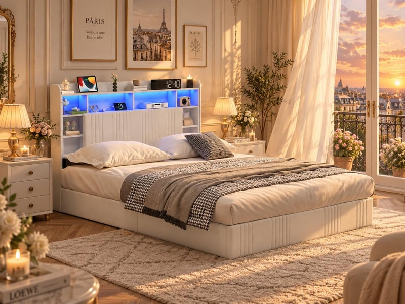  Lit 2 places 140x200 cm – lit coffre – tête de lit avec espace de rangement – ​​ ports usbtype-c – éclairage led rgb –  sommier à lattes – lin beige  - Conforama B