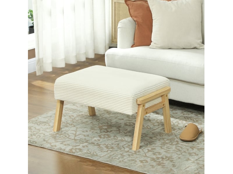 Pouf avec assise rembourrée confortable et pieds en bois, polyester aspect velours côtelé blanc crème, 70 × 46 × 40 cm  - Conforama C