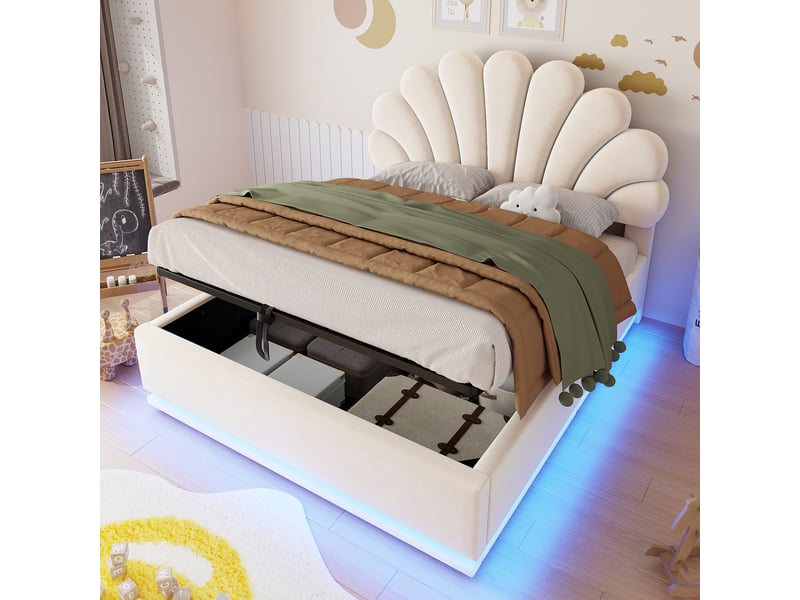  Lit coffre rembourré 140x200 cm avec tête de lit en forme de fleur, rangement hydraulique, éclairage led, cadre en métal, velours,  beige  - Conforama B