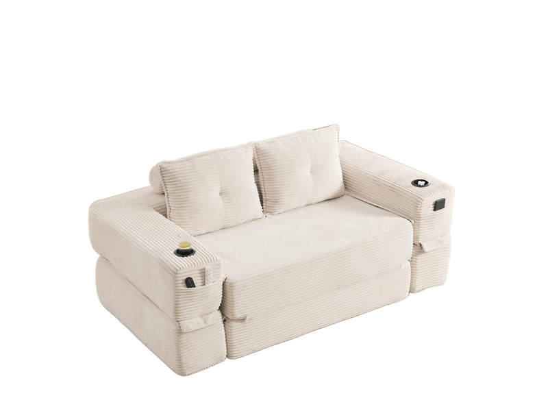  Canapé droit convertible 2 places en velours côtelé beige 180x98x80 cm, avec poches, porte-gobelet, salon séjour 180x98x80cm - Conforama A