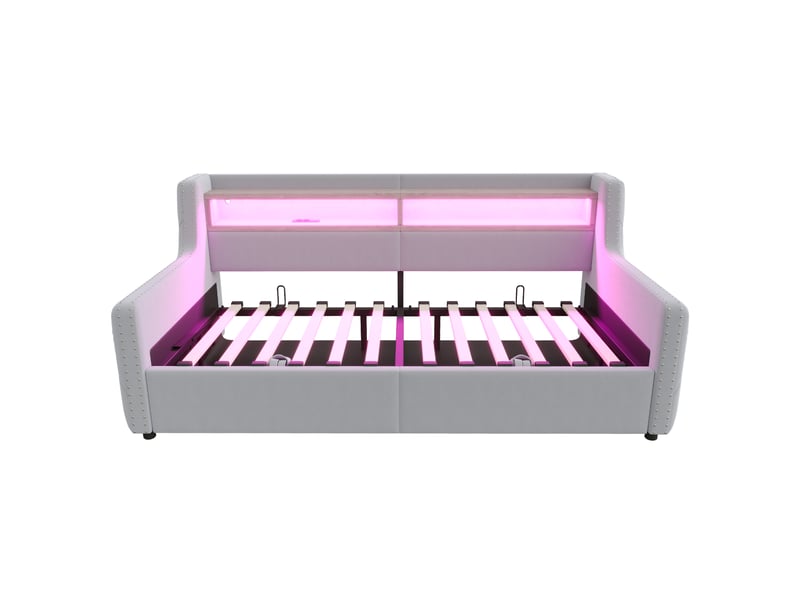  Canapé convertible lit 1 place avec rangement sous assise, éclairage intégré et prises de charge, velours gris clair  - Conforama E